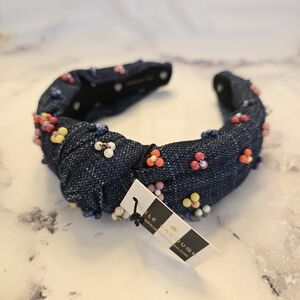 Lele Sadoughi Cactus Flower Knotted Headband in Dark Denim Terrazzo Beaded